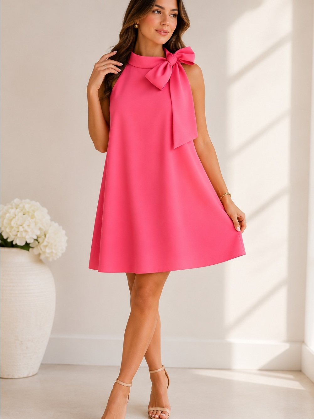 Vince Camuto Hot Pink Bow-Shoulder A-Line Mini Dress
